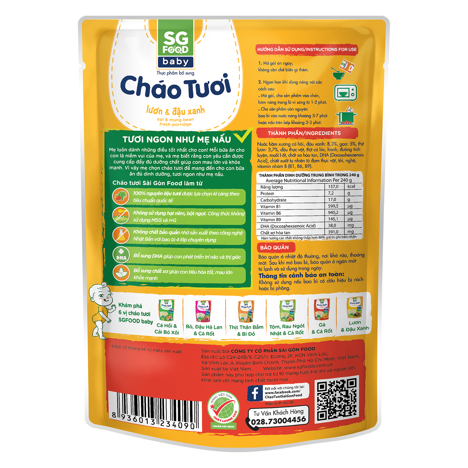 Thành phần dinh dưỡng cháo Sài Gòn Food vị lươn đậu xanh 10M+ 240g