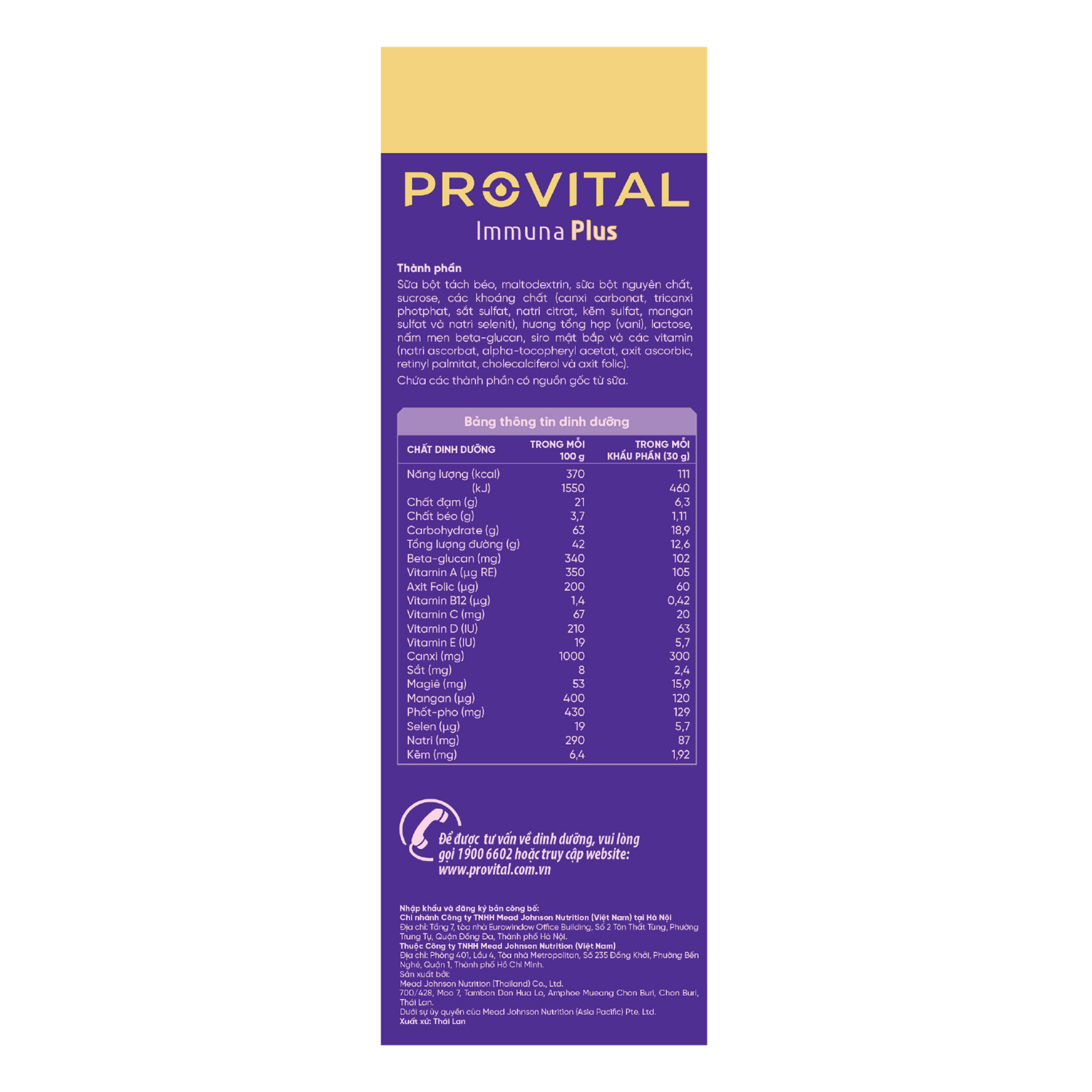 Thành phần thực phẩm bổ sung Provital Immuna Plus 480g