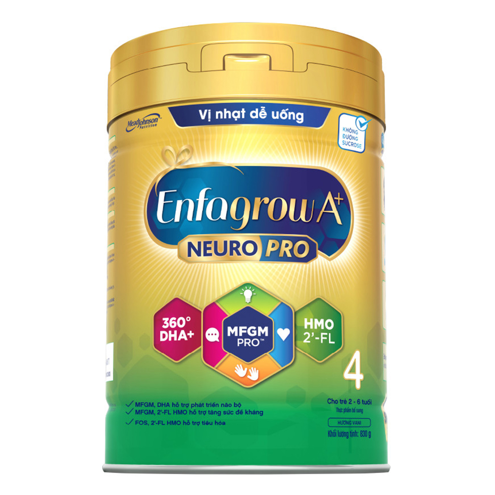 Sữa bột Enfagrow A+ NeuroPro HMO Số 4 (830g) cho bé từ 2-6 tuổi - Vị nhạt dễ uống