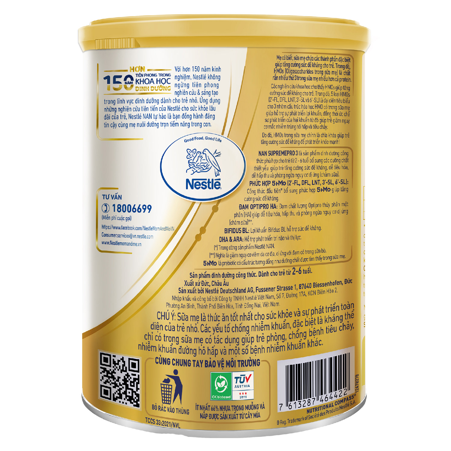 công thức dinh dưỡng sữa Nan Supreme số 3 5-HMO 800g (2-6Y)